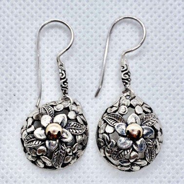 ER 13949-(UNIQUE 925 BALI SILVER FRANGIPANI EARRINGS WITH 18 KT GOLD ACCENT)